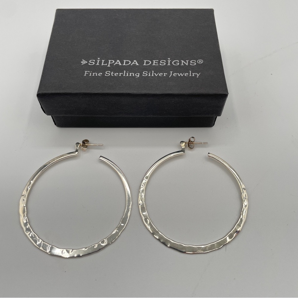 Silpada Sterling Silver Hammered Textured Large 2" Hoop Post Earrings P1287
